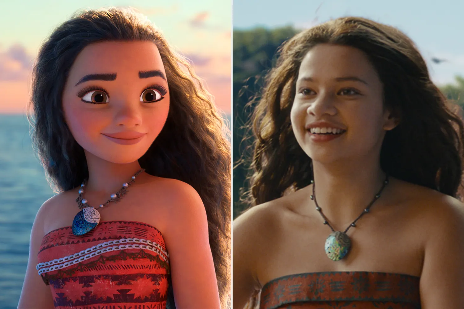 Comparação lado a lado entre um personagem animado e sua representação em liveaction, ambos usando roupas e acessórios semelhantes